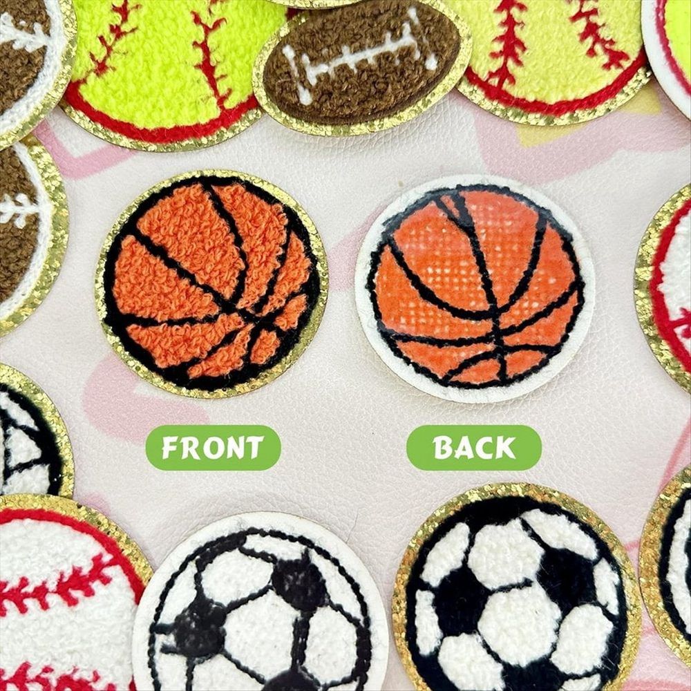 Set of 16 sports-themed iron-on patches featuring basketball, soccer, baseball, football, and volleyball designs for kids' shirts.