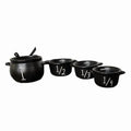 Mini witch cauldron set with four small cauldrons for Halloween pretend play, including candy bucket and measuring cups by Everything Baby.