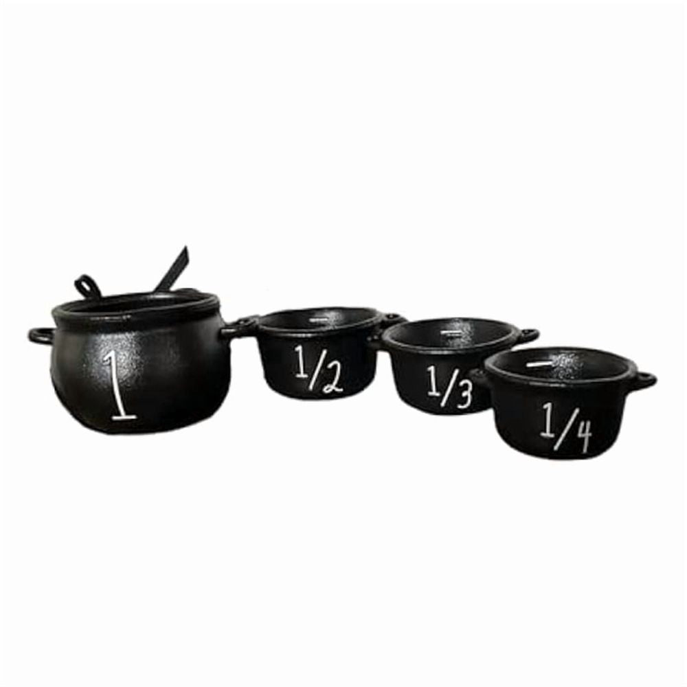 Mini witch cauldron set with four small cauldrons for Halloween pretend play, including candy bucket and measuring cups by Everything Baby.