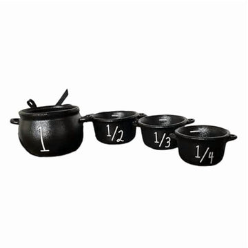 Mini witch cauldron set with four small cauldrons for Halloween pretend play, including candy bucket and measuring cups by Everything Baby.