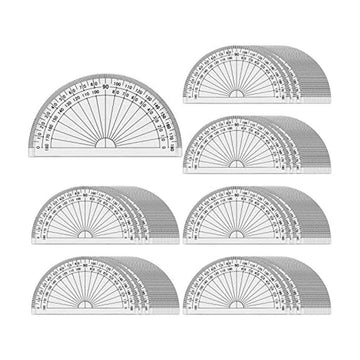 Set of 100 plastic 180-degree math protractors for classroom and engineering use, featuring clear degree markings.