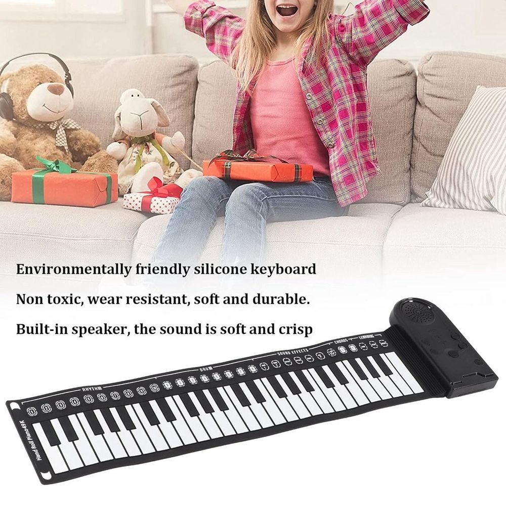 Foldable 49-key electric keyboard piano roll-up toy for kids, by Everything Baby, designed for beginners and musical play.