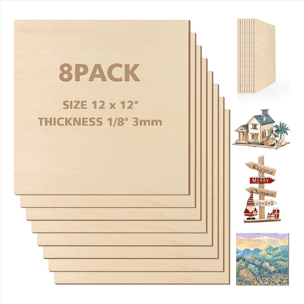 Eight 12x12 inch basswood plywood sheets, 3mm thick, unfinished for DIY crafts and laser cutting projects for kids and babies.