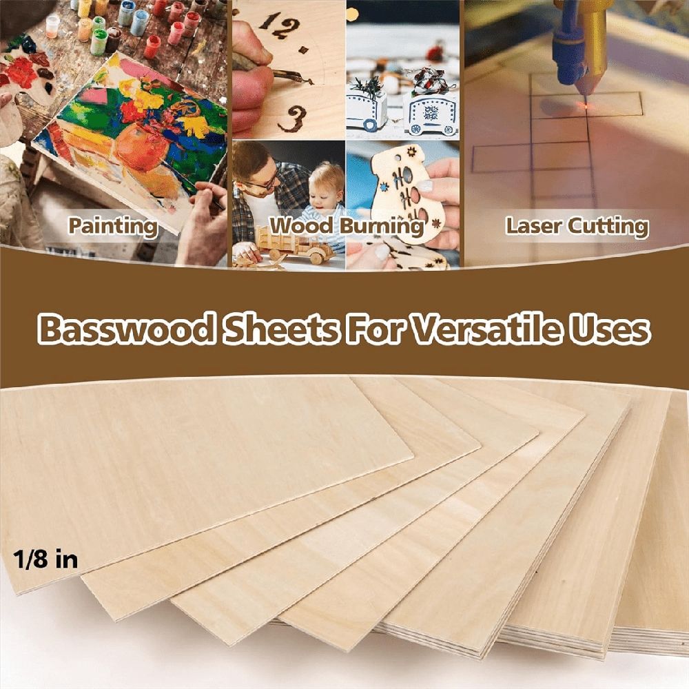 Set of 8 12x12 inch 3mm basswood plywood sheets for DIY crafts, laser cutting, and building toys, by Everything Baby.