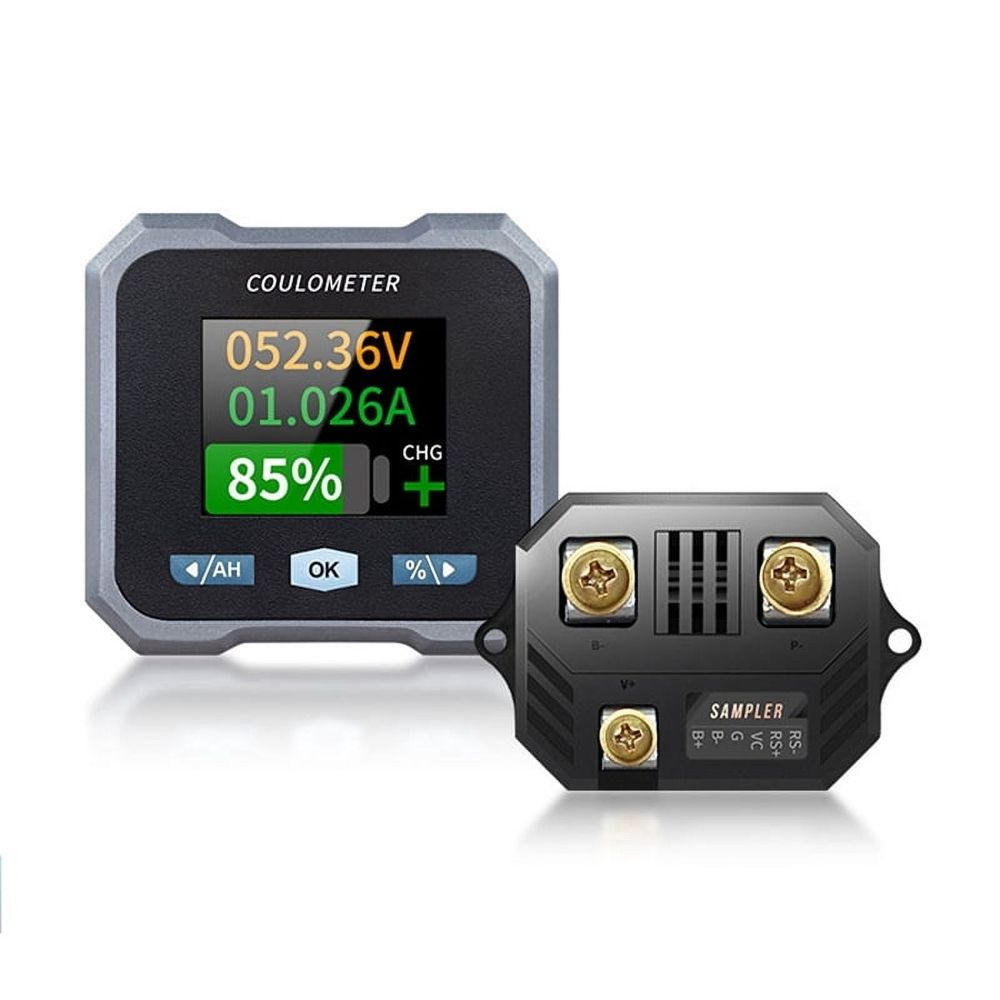 Waterproof BL105F Coulomb meter for DC 10-100V, 0-50A, showing battery voltage and current on a baby ride-on electric bike.