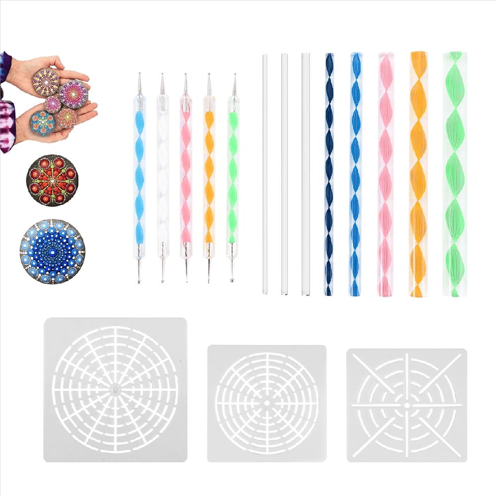 Set of 16 Mandala dotting tools for rock painting, clay sculpting, and art projects, featuring ball stylus and carving tools.