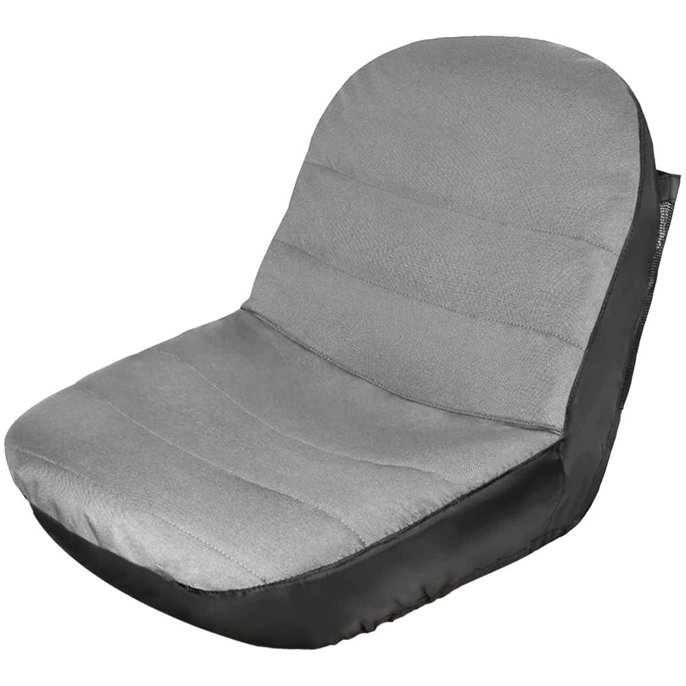 Waterproof lawn mower seat cover made of 600D Oxford cloth with pocket, fits 12.5-14 inch tractor seats without armrest.