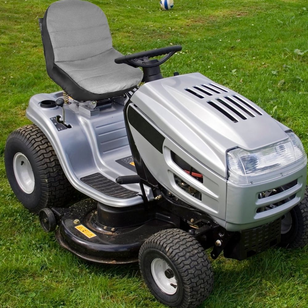 Waterproof 600D Oxford cloth lawn mower seat cover with pocket, designed for 12.5-14 inch tractor seats, no armrest.