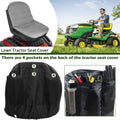 Waterproof 600D Oxford cloth lawn mower seat cover with pocket, designed for 12.5-14 inch tractor seats without armrest.