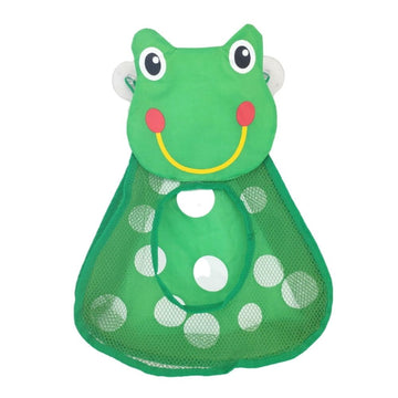 Kid's bath toy organizer with mesh bag and suction cups, frog design, ideal for storing and drying bath toys in a bathroom.