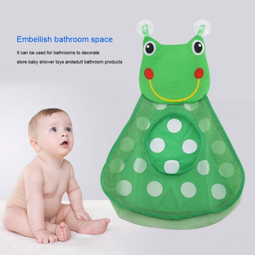 Kids bath toy organizer by Everything Baby with mesh bag, suction cups, and frog design for secure, multiple-use storage in the bath.
