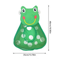 Frog-shaped kids bath toy organizer with mesh storage bag and anti-slip suction cups, designed for easy bathroom toy storage.