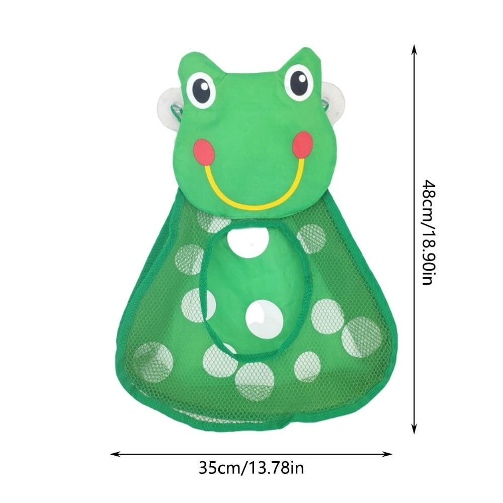 Frog-shaped kids bath toy organizer with mesh storage bag and anti-slip suction cups, designed for easy bathroom toy storage.