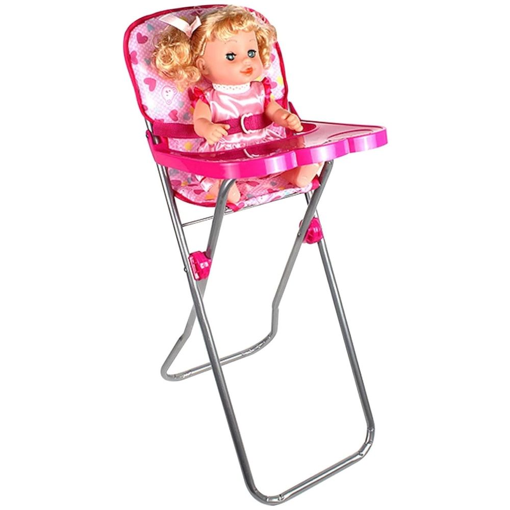 Miniature foldable doll high chair with tray from Everything Baby, designed for pretend play and doll accessories.