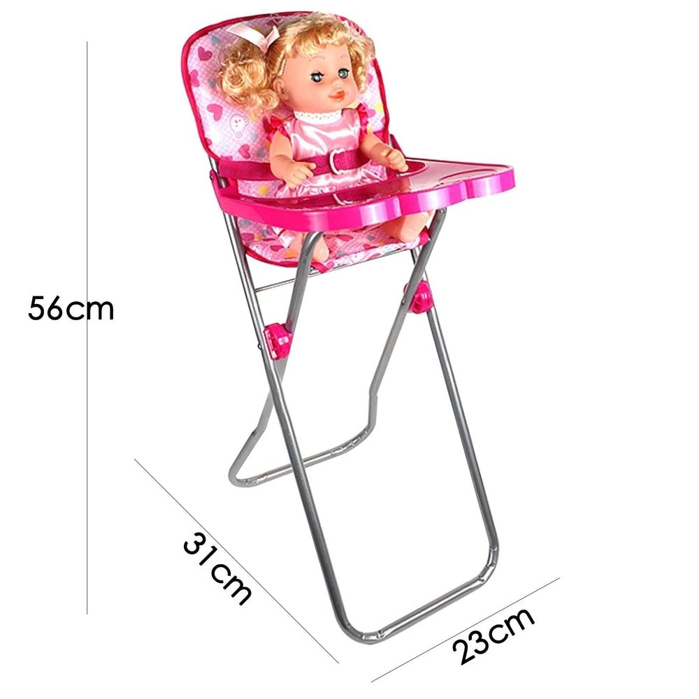 Miniature adjustable foldable doll high chair with tray for pretend play, part of Everything Baby’s doll furniture collection.