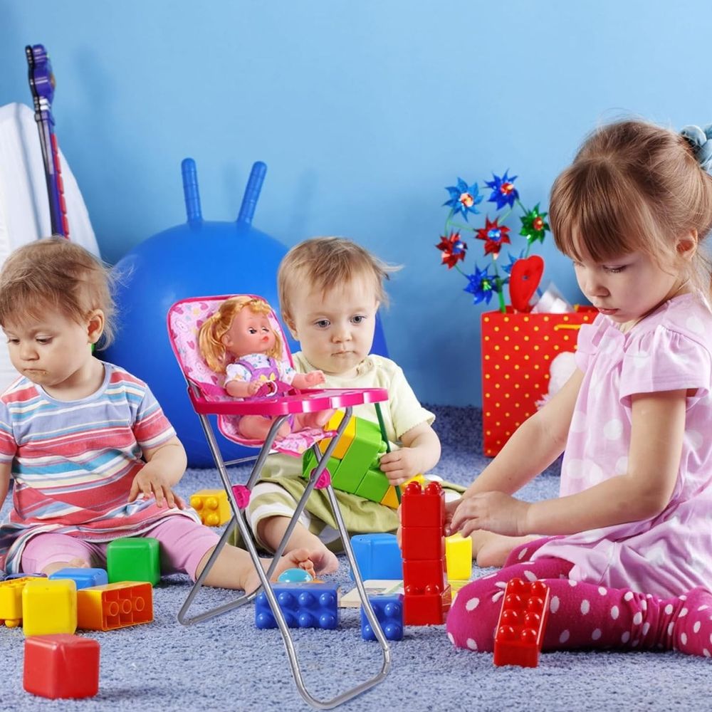 Miniature doll high chair with tray, adjustable and foldable, designed for pretend play and doll accessories by Everything Baby.
