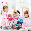 Miniature doll high chair with tray, adjustable and foldable, designed for pretend play and doll accessories by Everything Baby.