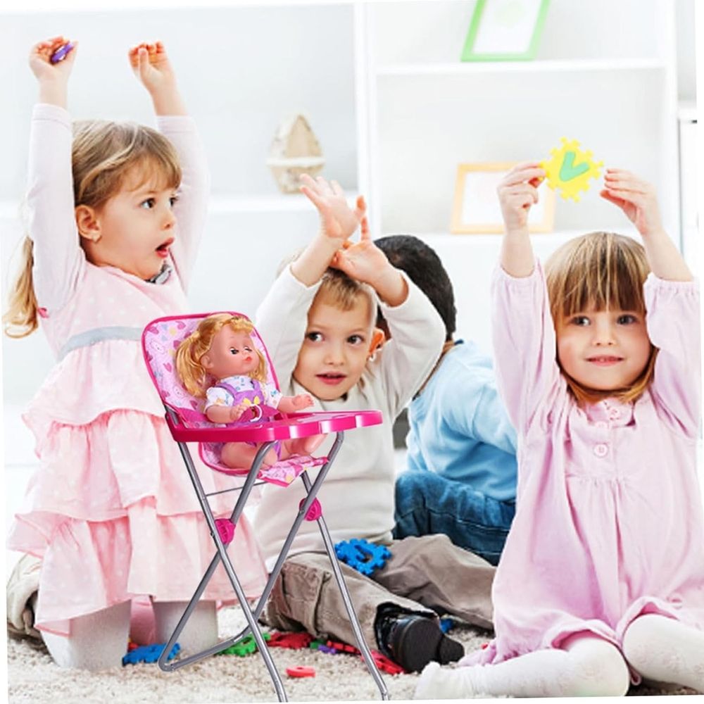 Miniature doll high chair with tray, adjustable and foldable, designed for pretend play and doll accessories by Everything Baby.