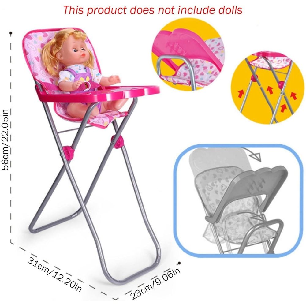 Miniature adjustable doll high chair with tray, foldable doll furniture for pretend play, suitable for baby and kid's toy collection.