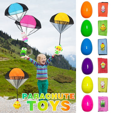Six colorful Easter eggs with parachute toys for kids, perfect for pretend play, Easter baskets, and outdoor party fun.