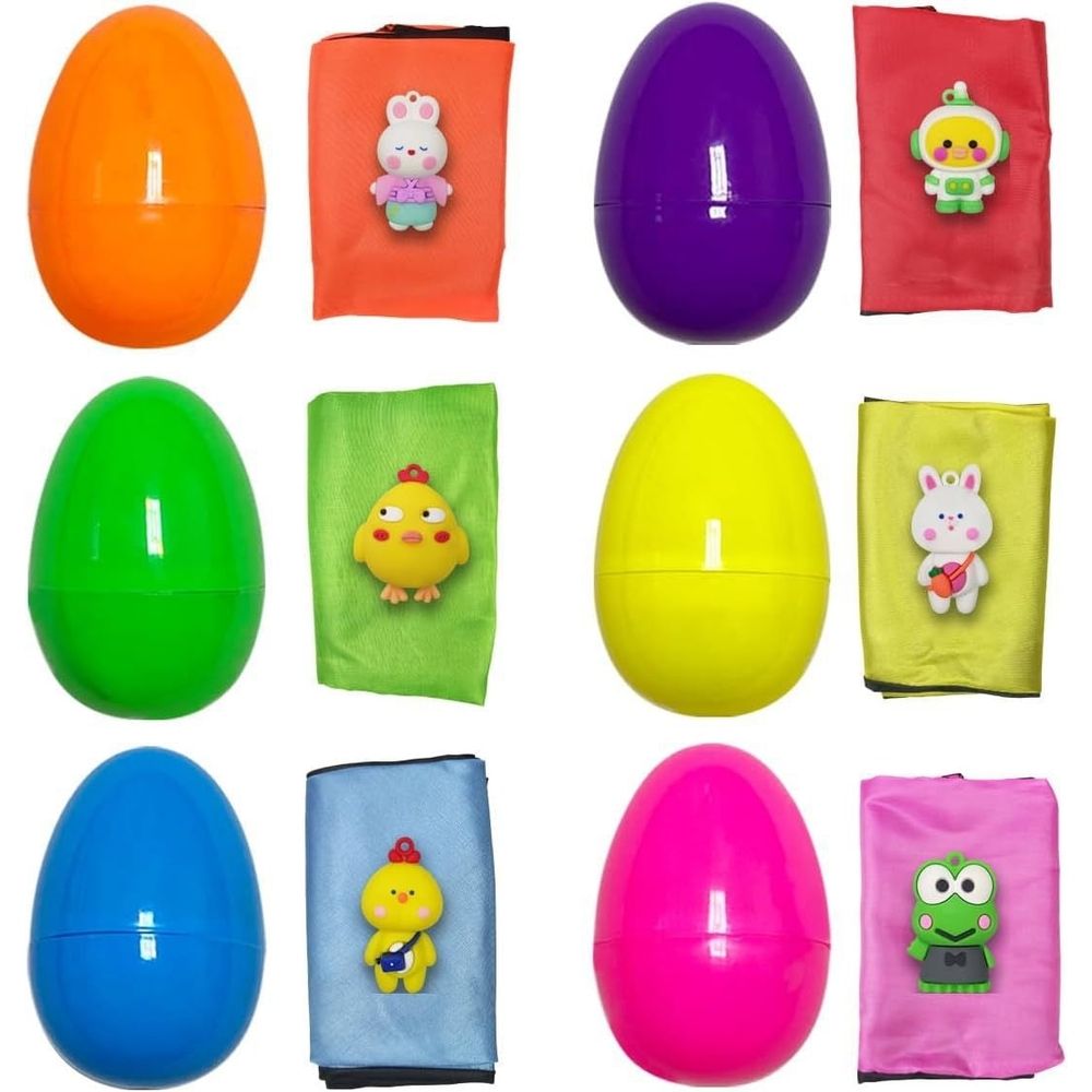 Six colorful Easter eggs with parachute toys for kids, perfect for Easter basket fillers and pretend play indoor or outdoor.