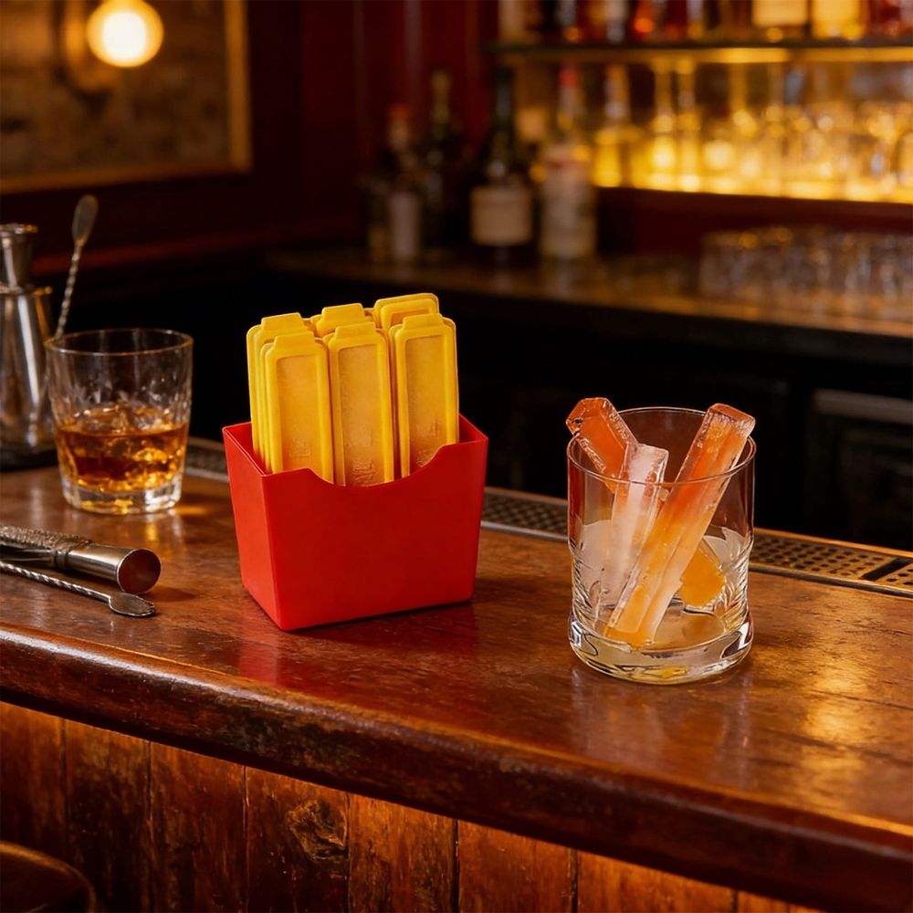 French fry-shaped silicone ice mold with magnetic storage box, food grade flexible ice tray for cocktails, drinks, and home bar use.