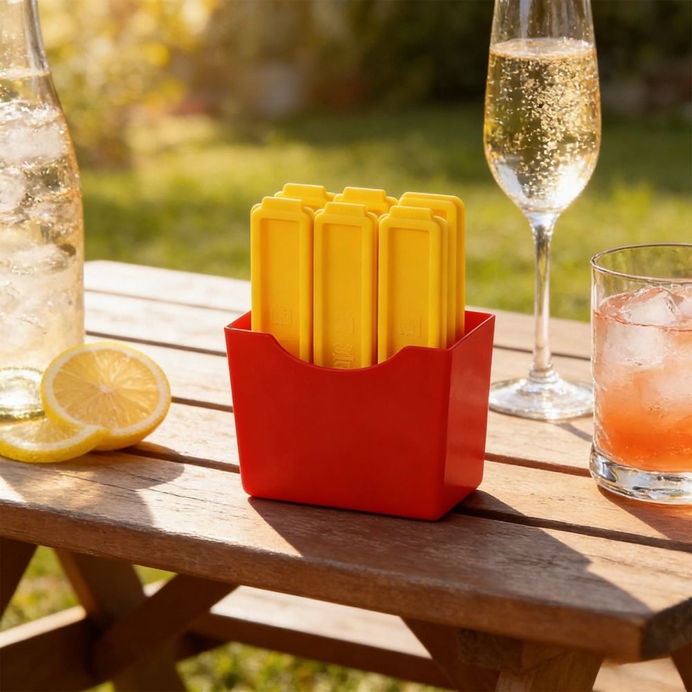 French fry shape silicone ice mold by Everything Baby, flexible food-grade tray with magnetic storage for cocktails and drinks.
