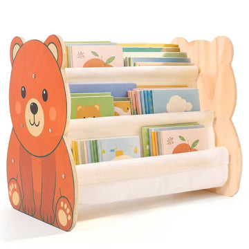 Double-sided kids bookshelf by Everything Baby, low-height wooden storage organizer for nursery, playroom, or bedroom.