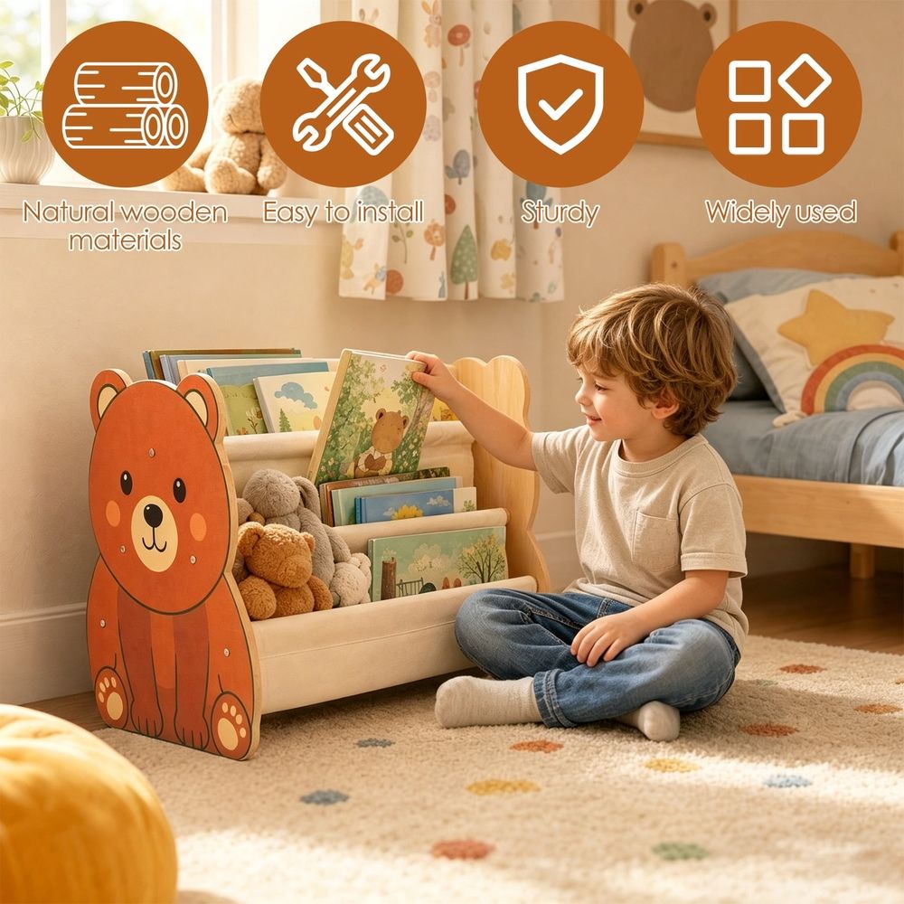 Double-sided kids bookshelf by Everything Baby, low height wooden storage organizer for nursery, playroom, or bedroom.