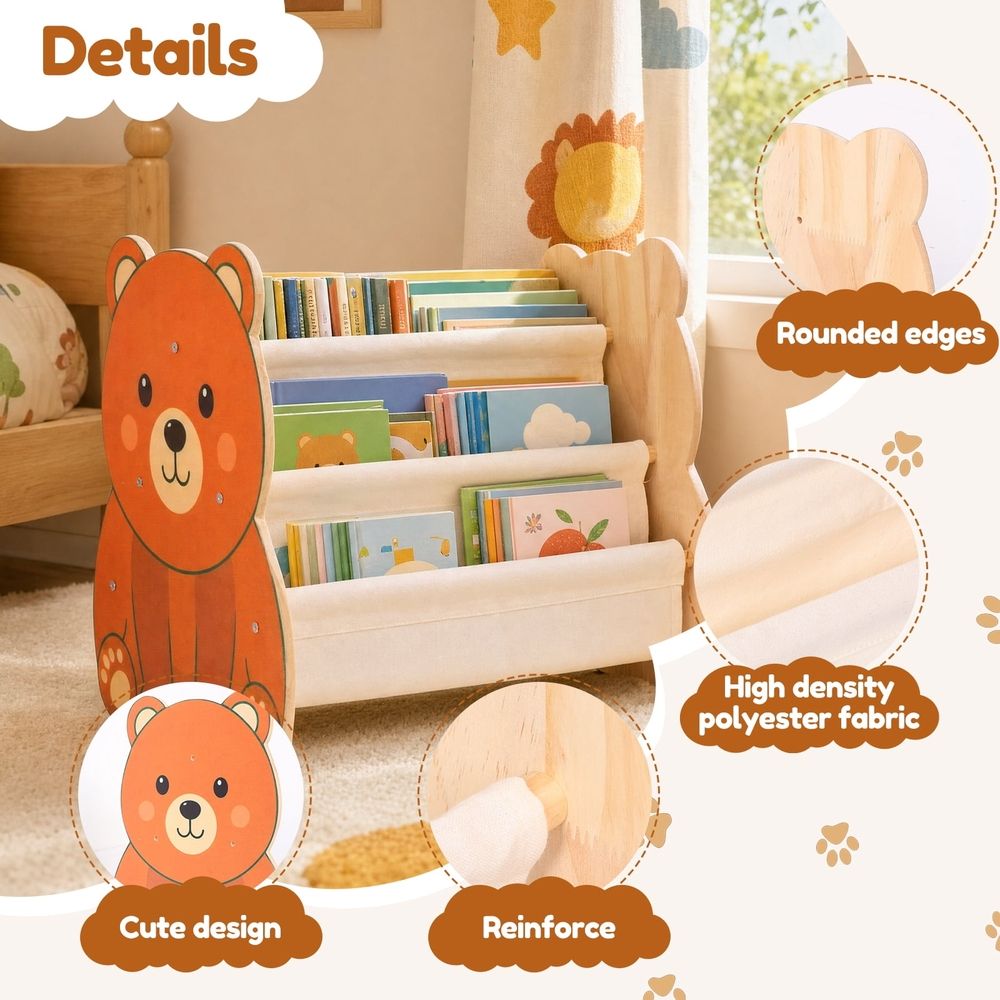 Double-sided kids bookshelf by Everything Baby, low-height wooden storage organizer for nursery, playroom, or bedroom.