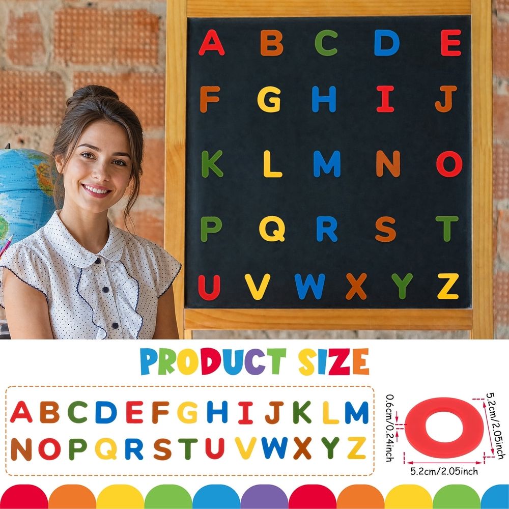 26-piece wooden fridge magnets set with colorful letters, waterproof, flexible, easy to wipe, suitable for toddlers and kids' building toys.