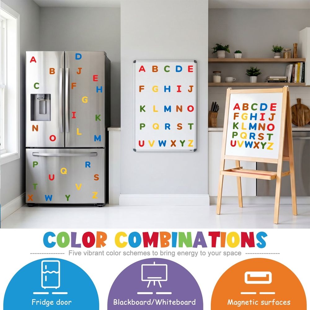 Set of 26 wooden fridge magnets with colorful letters, waterproof and flexible, designed for kids' toy and building decor.