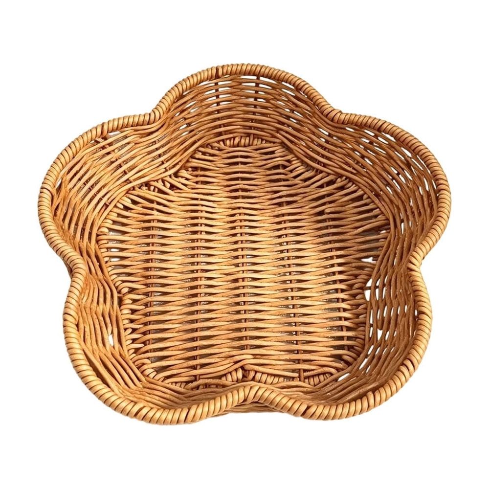 Artificial rattan woven plastic basket by Everything Baby, boho desktop decor tray with sturdy hand-woven texture for home or kitchen use.
