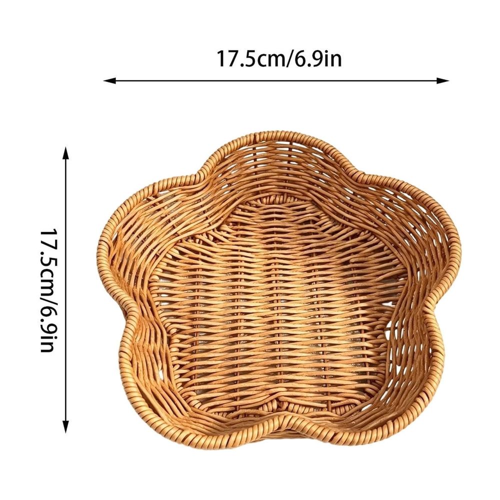 Artificial rattan woven plastic basket for home decor, boho desktop tray, sturdy hand-woven texture, ideal for kitchen or living room.