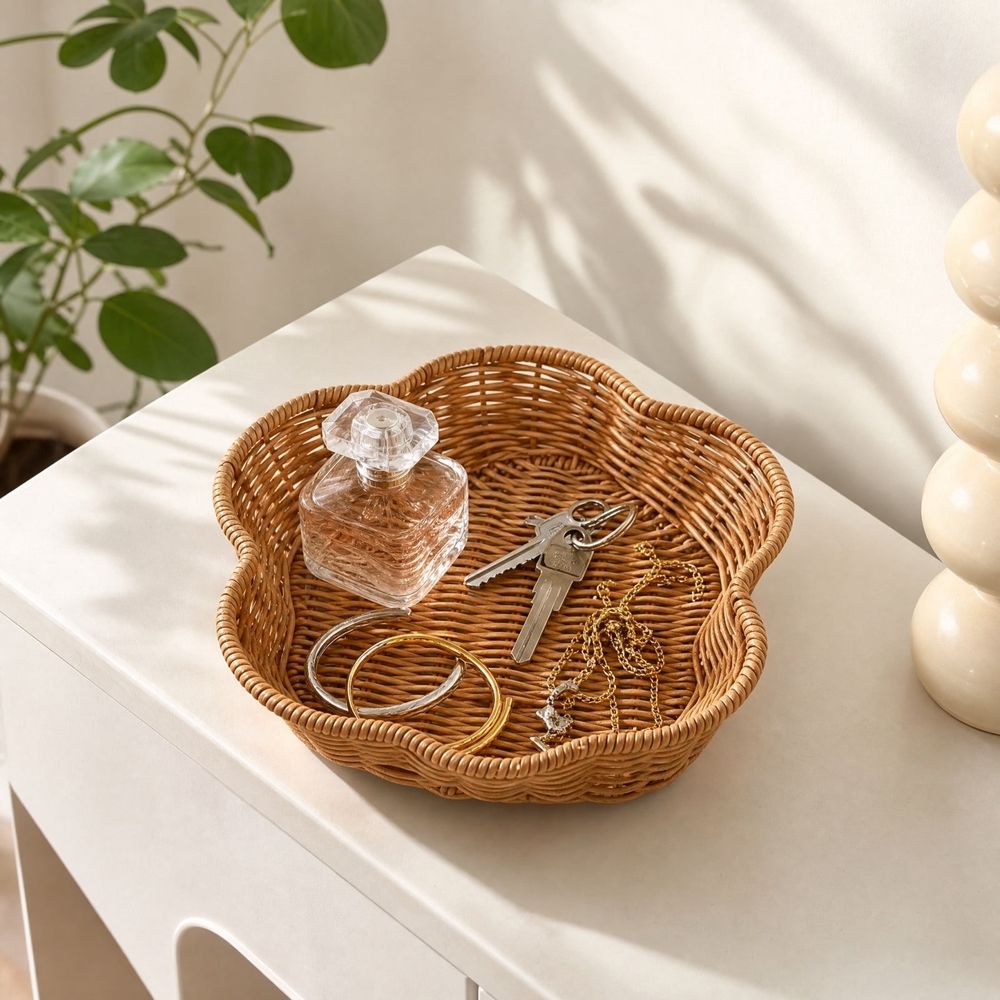 Artificial rattan woven plastic basket for kids' pretend play, sturdy hand-woven texture, boho decor tray for home or kitchen.