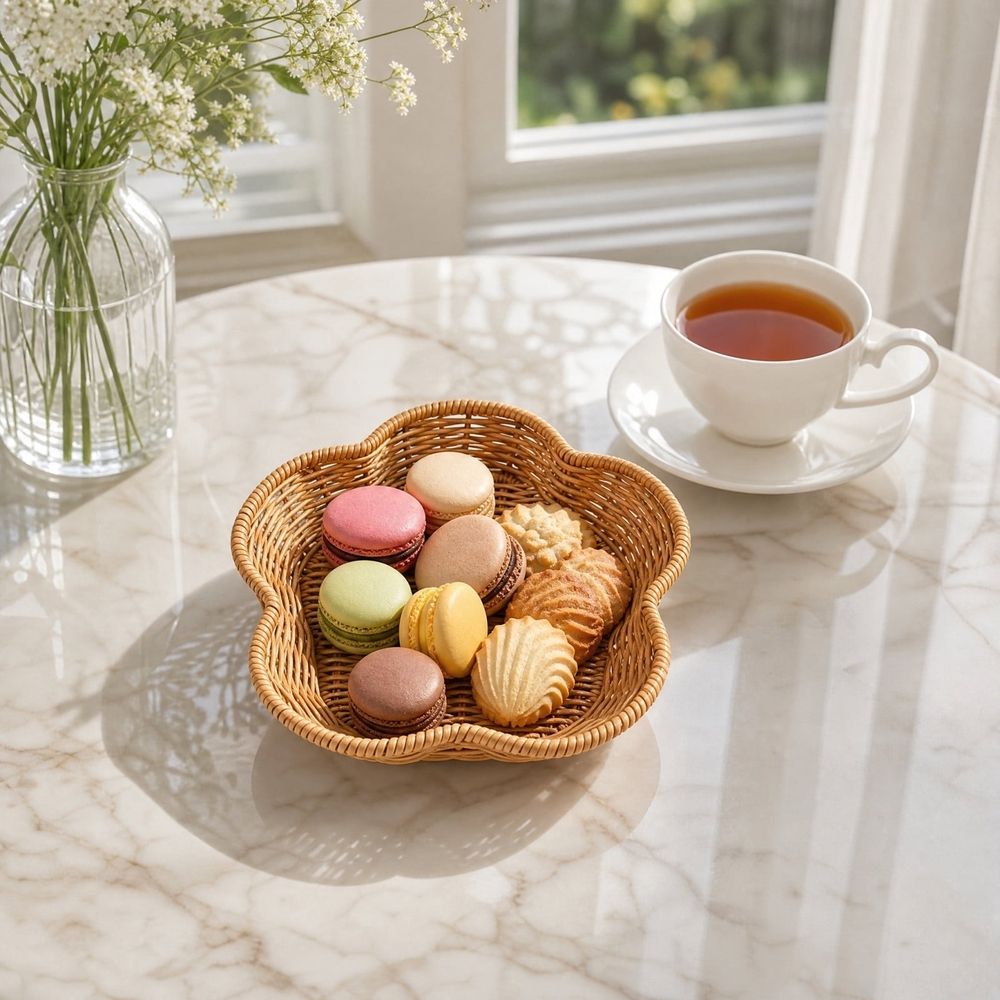 Artificial rattan woven plastic basket for boho decor, perfect for desktop or home storage, with sturdy hand-woven texture.