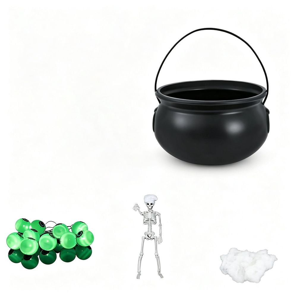 Baby and kid's Halloween witch cauldron decoration with skeleton, glowing green liquid, hanging from black tripod, weather-resistant plastic.