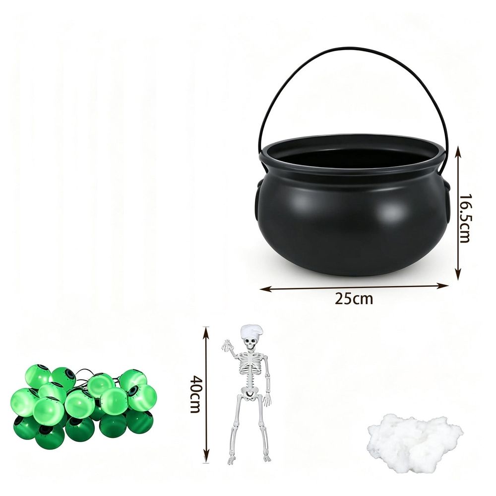 Witch cauldron decoration with skeleton figure, glowing green bubbling liquid, hanging on black metal tripod for Halloween decor