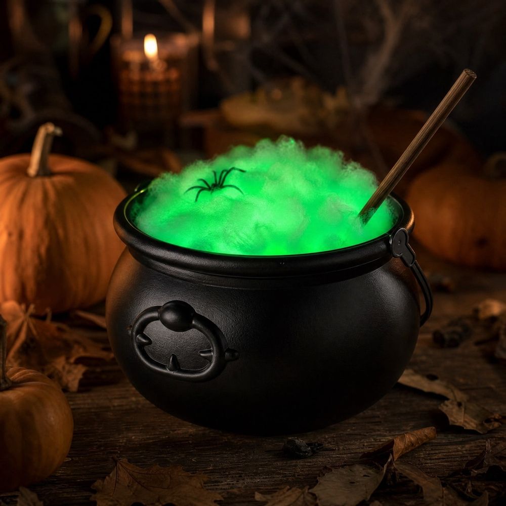 Baby Halloween witch cauldron decoration with skeleton figure, glowing green bubbling liquid, hanging from tripod, weather-resistant plastic.