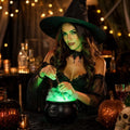 Baby and kids pretend play witch cauldron decoration with skeleton, glowing green bubbling liquid, hanging from tripod, weather-resistant plastic