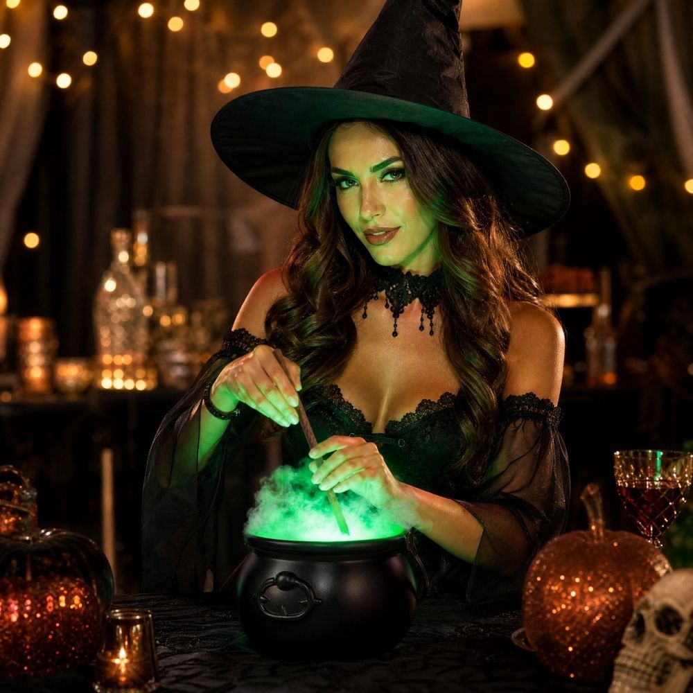 Baby and kids pretend play witch cauldron decoration with skeleton, glowing green bubbling liquid, hanging from tripod, weather-resistant plastic