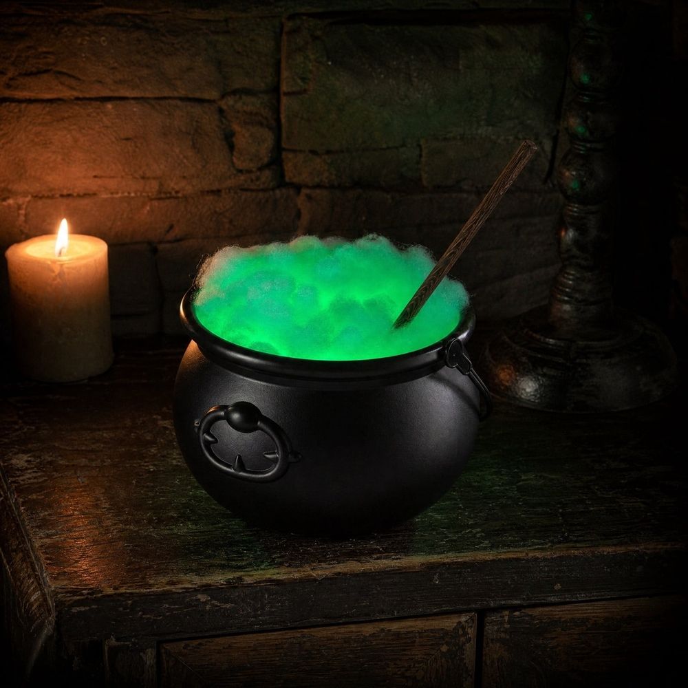 Witch cauldron decoration with skeleton figure, glowing green bubbling liquid, hanging from black tripod, weather-resistant plastic for Halloween.