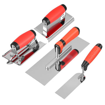 4-piece stainless steel concrete tool set with ergonomic handles, reinforced support, ideal for tiling, grouting, and mortar application.