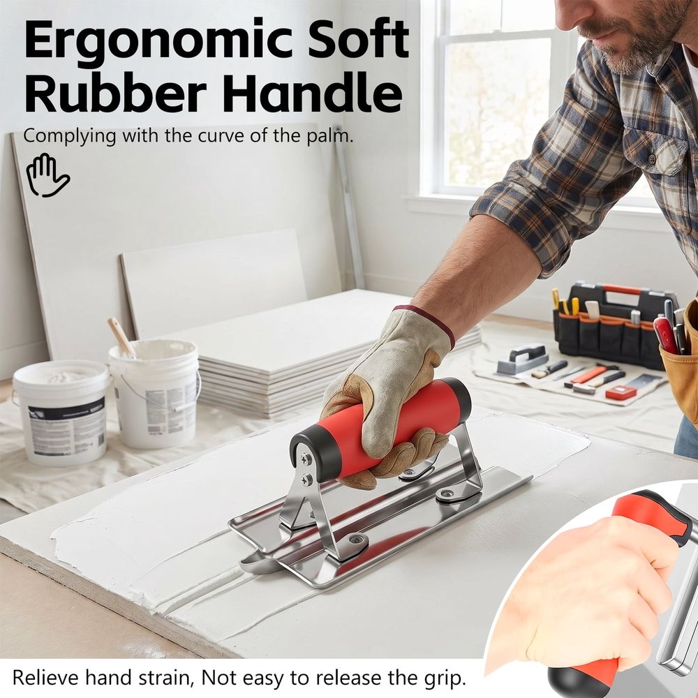 Set of 4 stainless steel concrete tools with ergonomic handles, reinforced support, for tiling, grouting, and tile mortar installation.