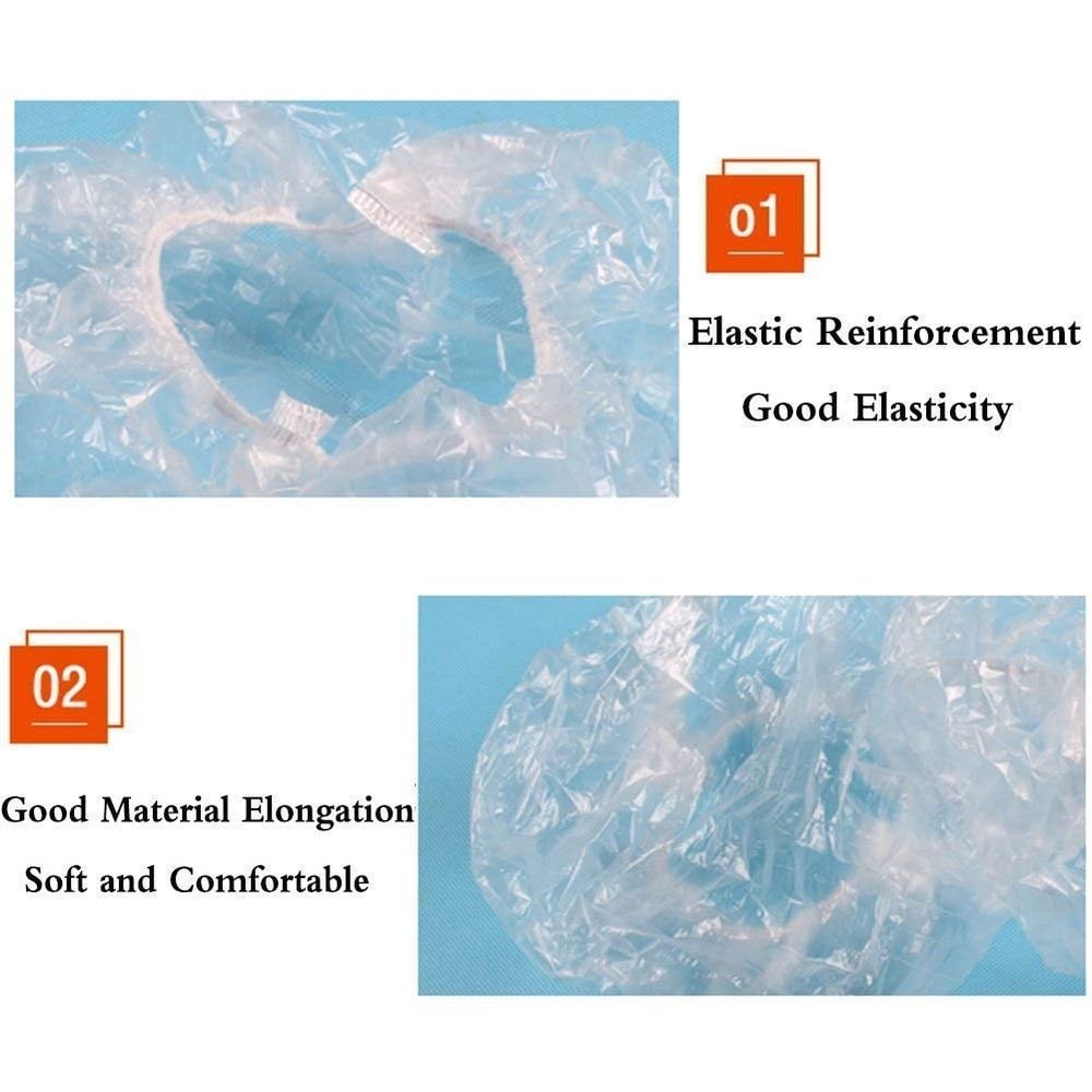 Clear disposable shower caps for women, men, and kids, waterproof, thick, large, ideal for spa, travel, and deep conditioning.