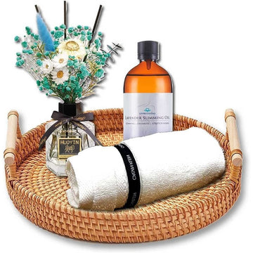 Small round rattan tray with wooden handle, handcrafted woven serving basket, ideal for coffee table or party decor.