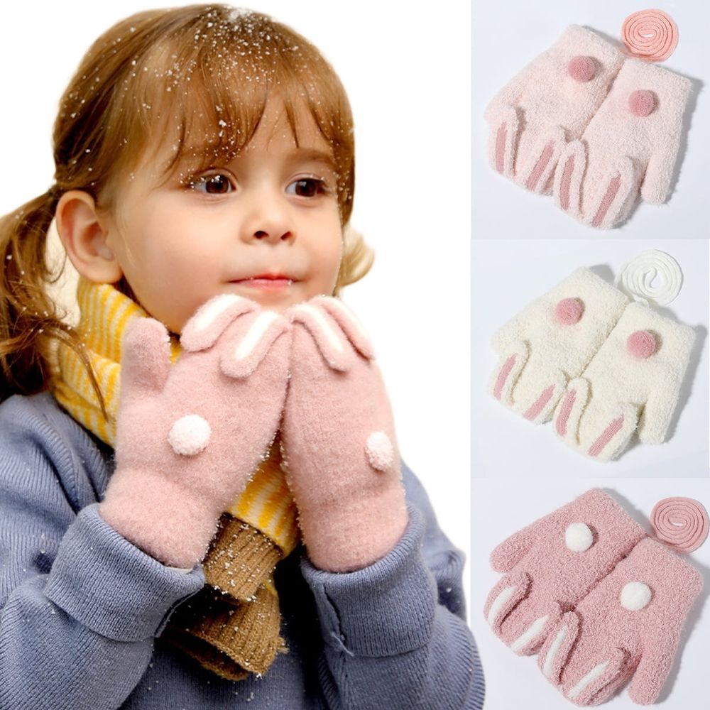 Cute pink rabbit toddler mittens for baby girls, warm lined knit gloves with cartoon rabbit design for 2-6T winter warmth.