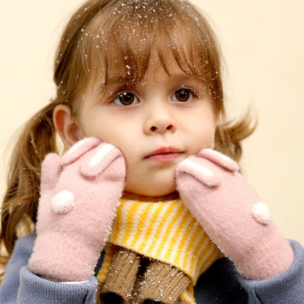 Cute pink rabbit toddler mittens for baby girls, warm lined knit gloves with cartoon rabbit design for ages 2-6T.