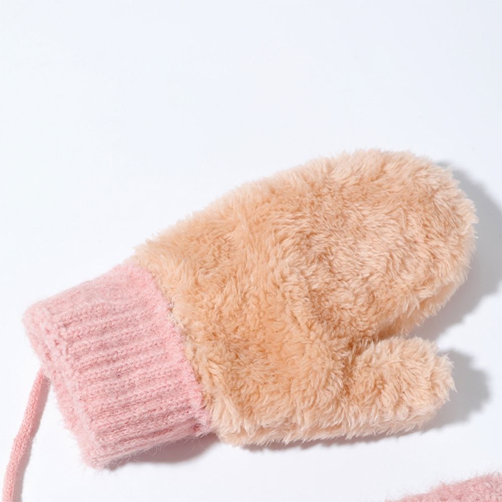 Cute pink knitted toddler mittens with bunny ears, designed for baby girls aged 2-6T, featuring a warm lined interior.