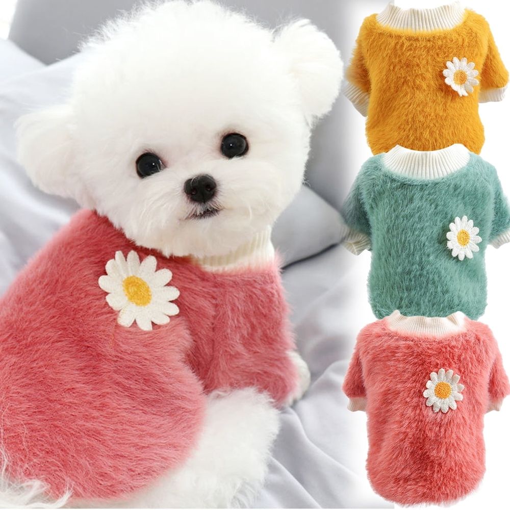 Small dog sweater featuring a girl daisy floral design, plush fleece, round neck, perfect for autumn and winter warmth.